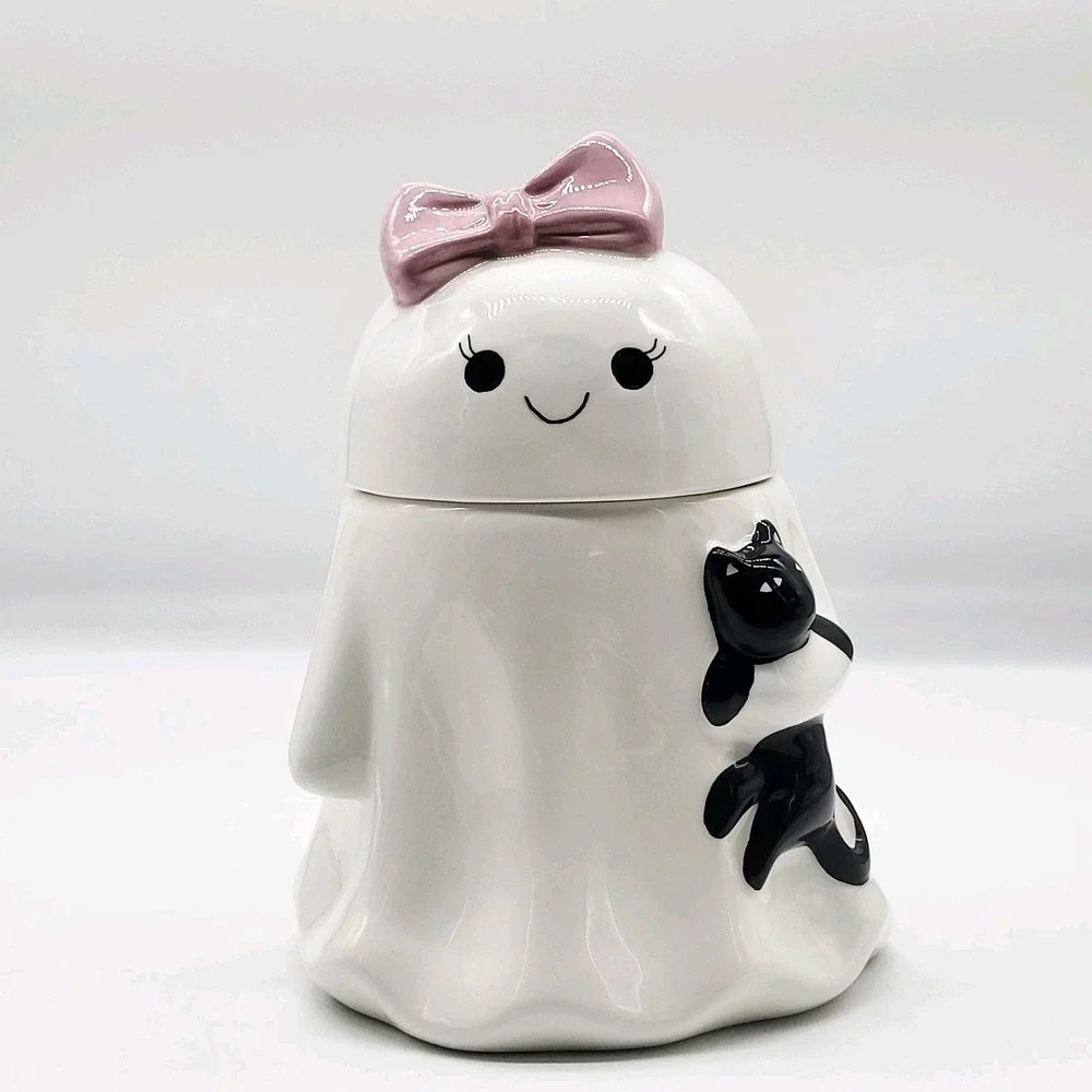 Booville Halloween Ghost Girl Cookie Jar Pink Bow Black Cat Ceramic NEW